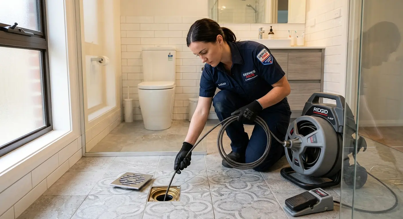 Technician clearing a bathroom floor drain for Sewer Line Replacement in Little Falls